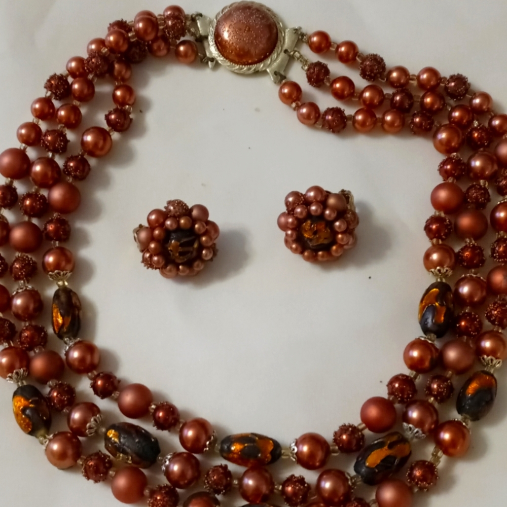 1950's Matching 3 Strand Necklace and earrings.